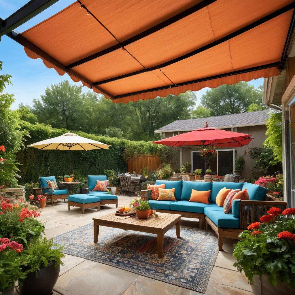 A beautifully designed backyard featuring various awning styles over a patio, showcasing their sun and rain coverage with happy families enjoying the outdoor space. Include plants, outdoor furniture, and a clear sky to emphasize a perfect outdoor experience. Super-realistic. Vibrant colors. Bright and welcoming atmosphere.