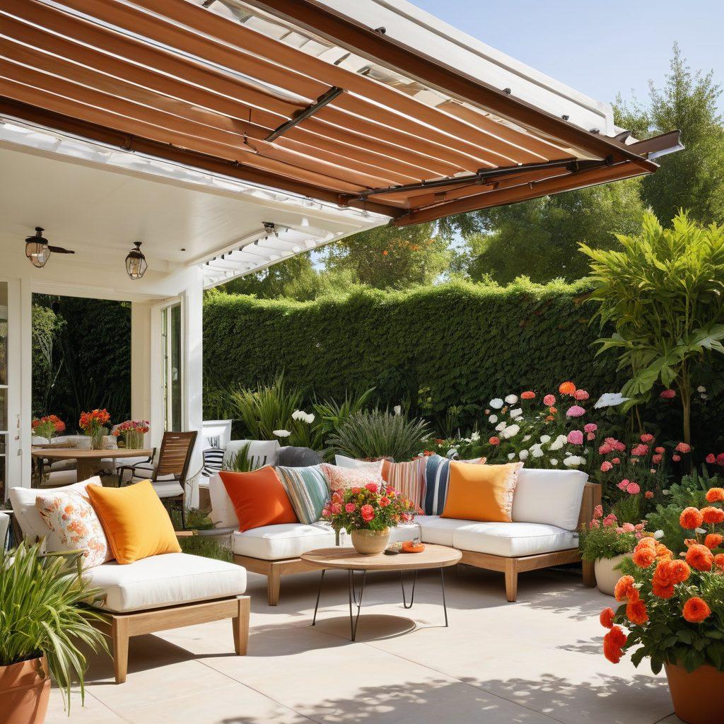 A serene outdoor space showcasing various stylish awnings and outdoor living solutions, highlighting their protective features with visual indicators of insurance coverage. Include a sunlit garden, a cozy seating area under a retractable awning, and informational graphics about insurance benefits subtly integrated into the scene. Use vibrant colors to create an inviting atmosphere. painting. vibrant colors. white background.