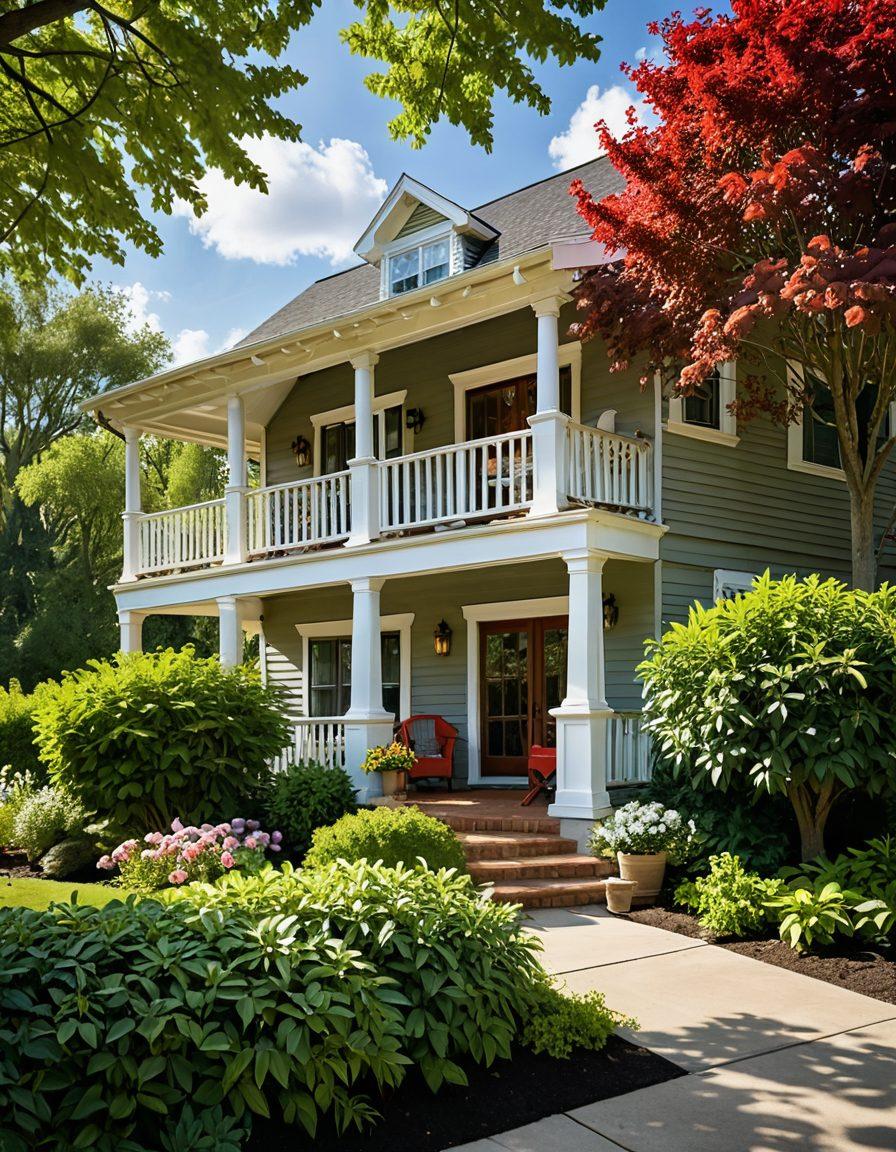 A cozy suburban home adorned with stylish awnings and shade solutions, showcasing a sunny day with trees providing natural shade. A family is enjoying time together on the porch, emphasizing protection and comfort from the sun. In the background, clouds hint at unpredictable weather, symbolizing risk management. Include gardening tools and a safety sign to subtly allude to home protection. vibrant colors. super-realistic. soft focus.